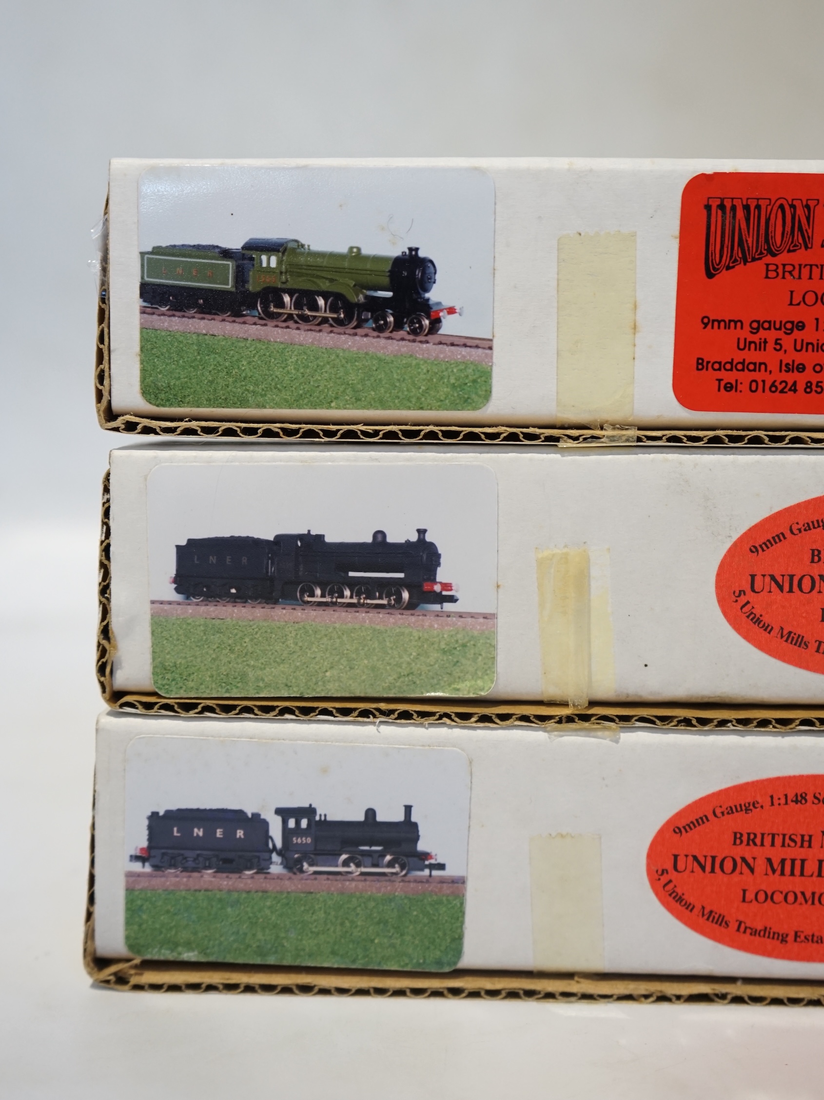 Three boxed Union Mills Models N gauge railway LNER locomotives; a Class B12, 1565, a Class Q2, 3359, and a Class J25, 5650. Condition - good.